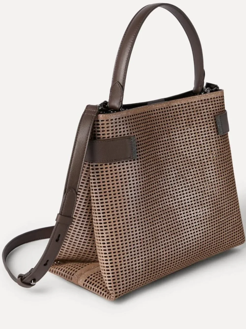 Brunello Cucinelli Essence Bag Brown Metallic Top Handle Monili Crossbody New